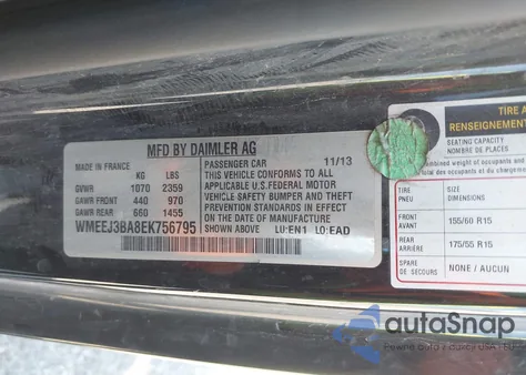 2014 Smart Fortwo Passion z USA, uszkodzony, nr VIN WMEEJ3BA8EK756795